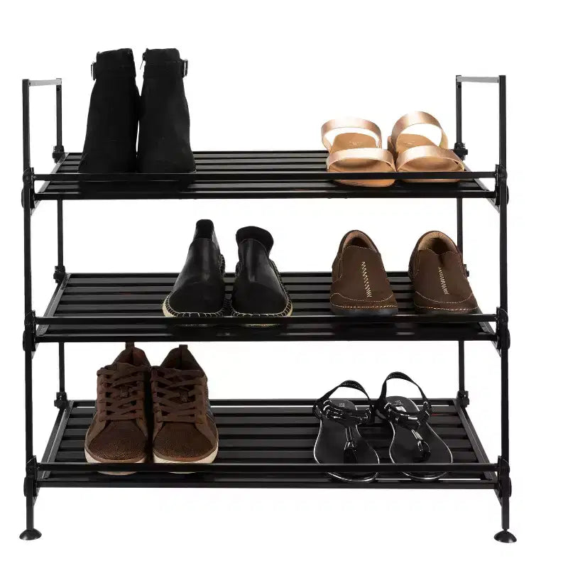 Organize It All 3 Tier Shoe Rack Resin Collection: Metal Frame, Freestanding Shoe Organizer, Holds 9 Pairs, Black