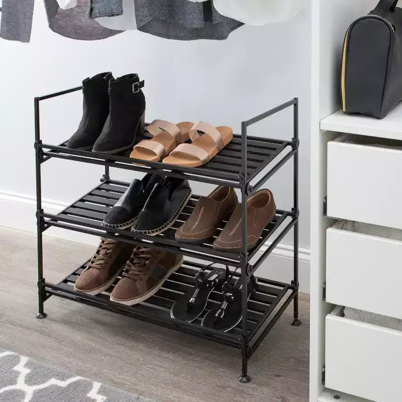 Organize It All 3 Tier Shoe Rack Resin Collection: Metal Frame, Freestanding Shoe Organizer, Holds 9 Pairs, Black