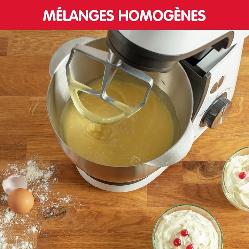 Moulinex Robot pâtissier, Capacité bol 4,6 L, 8 vitesses + Pulse, Technologie Fouet Whisk pour un fouettage parfait, Batteur et pétrin en fonte d'aluminium, 1100 W, Masterchef Gourmet blanc QA510110 : Cuisine et Maison