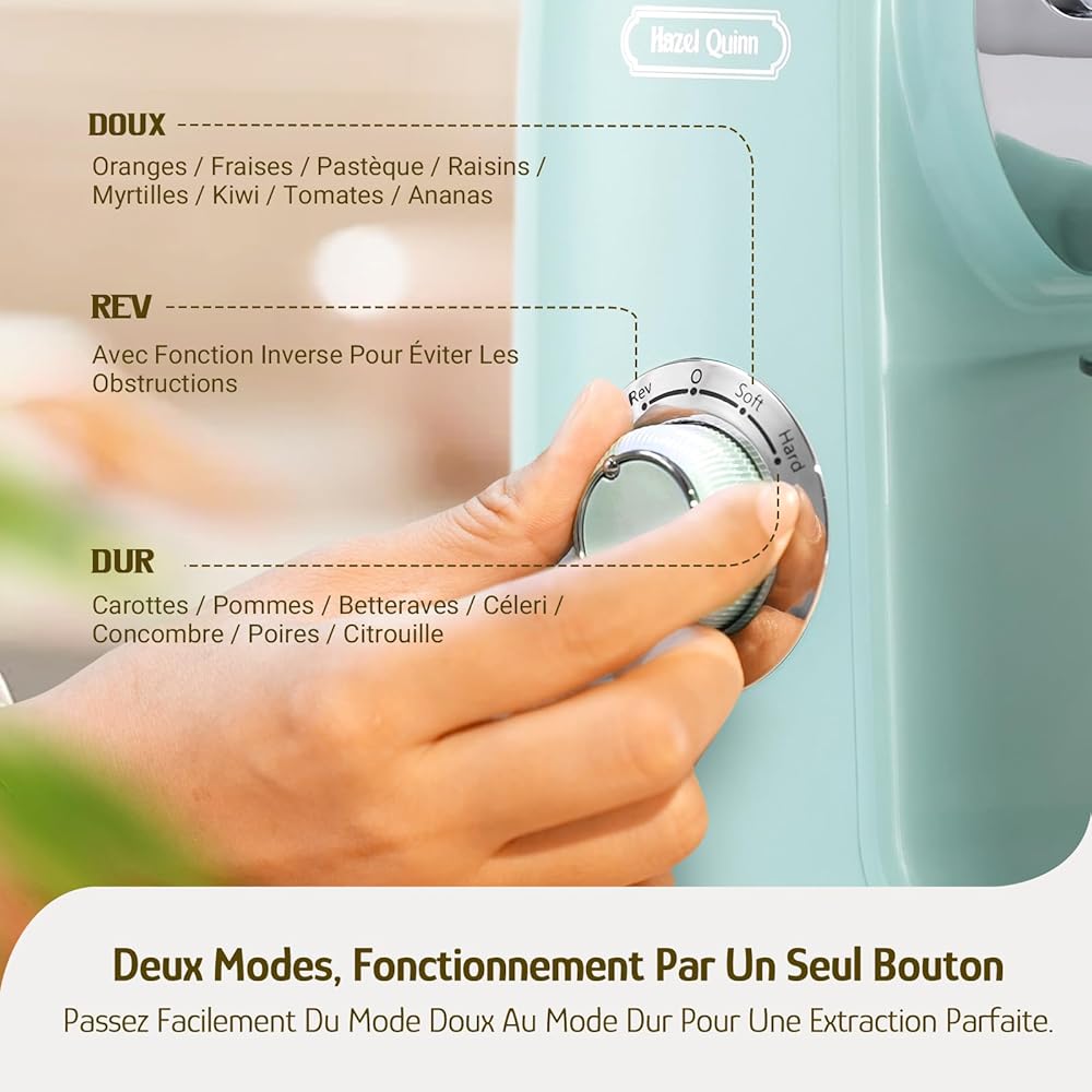 Extracteur de Jus de Fruits et Légumes Hazel Quinn - Technologie Sans Filtre pour un Nettoyage Facile, Modes 2 Vitesses et Fonction Inverse, Moteur Silencieux 80 tr/min, Sans BPA. : Cuisine et Maison