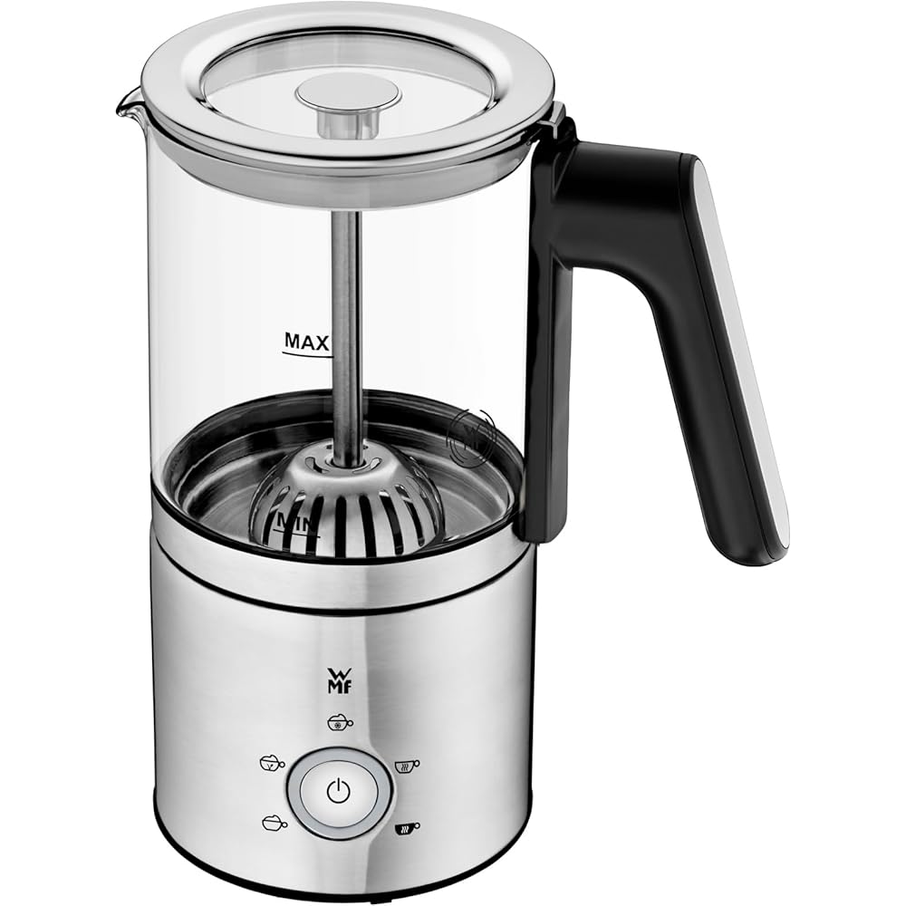 WMF Lono Glas Mousseur à lait électrique, 150-250 ml, 650 W, mixeur Frappe, écran tactile, pour mousse de lait chaud et froid, lait chaud, chauffe-lait, machine à cacao, chocolat chaud, acier : Cuisine et Maison
