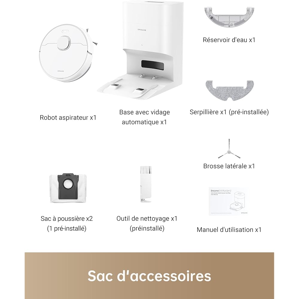 dreame D10 Plus Gen 2 Robot Aspirateur Laveur avec Vidange Automatique Poussière, Stocke jusqu'à 90 Jours de Poussière, Navigation LiDAR, Aspiration 6000Pa Tapis et Poils d'animaux, Batterie 285 Min : Cuisine et Maison