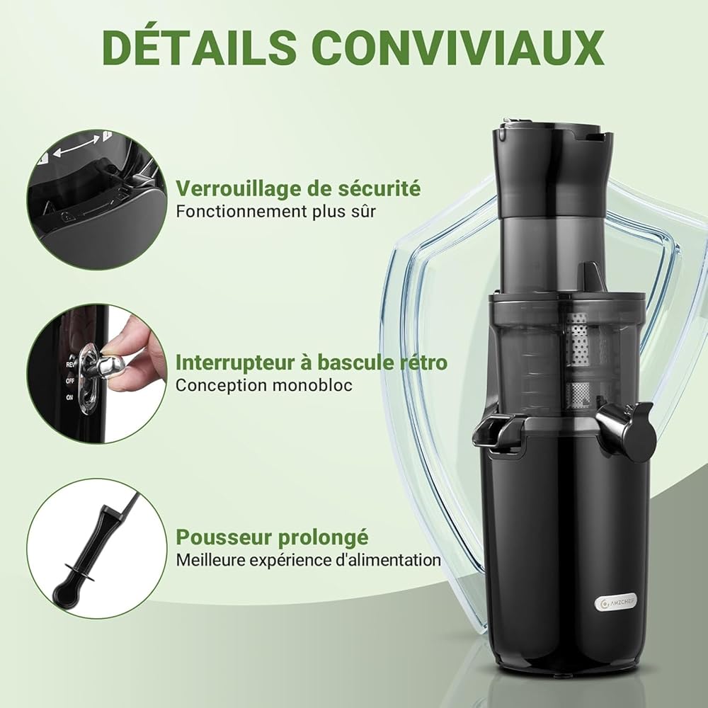 AMZCHEF Extracteur De Jus Pour Fruits Entiers 80MM - Centrifugeuse Extracteur De Jus Sans BPA - 200W Extracteur De Jus Froid Avec Tarière Améliorée, Filtre Double Couche, Moteur Silencieux - Noir Bleu : Cuisine et Maison