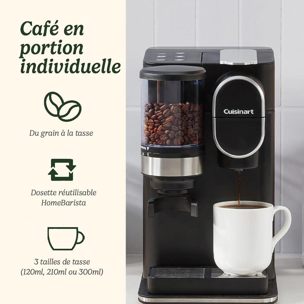 CUISINART One Cup Grind And Brew - Machine à café avec broyeur intégré | Grain à moudre, Café filtre en portion individuelle | choisissez 3 tailles de tasse | Dosette filtrante réutilisable | Noir : Cuisine et Maison
