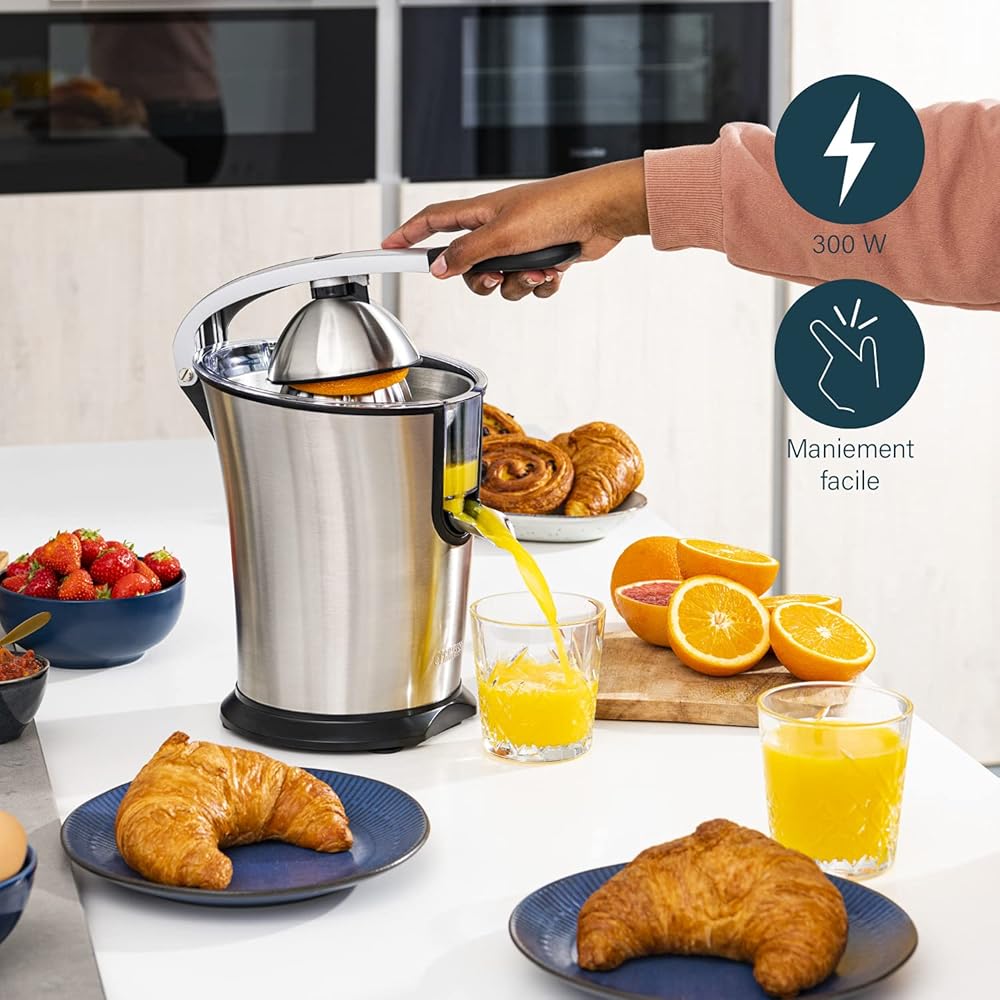 Princess Presse-agrumes Master Pro – Cône en acier inoxydable – 300 W – Filtre à pulpe en inox – Bras à levier professionnel – Réservoir avec système anti-goutte – 201860 : Cuisine et Maison