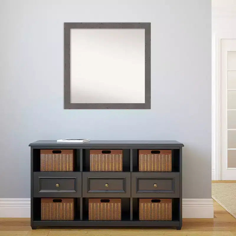 30" x 30" Non-Beveled Rustic Plank Gray Narrow Bathroom Wall Mirror - Amanti Art: Square, Polystyrene Frame, Wall Mounted