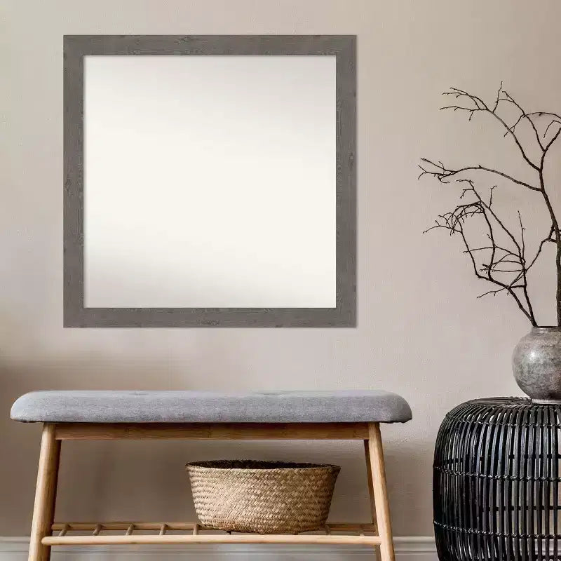 30" x 30" Non-Beveled Rustic Plank Gray Narrow Bathroom Wall Mirror - Amanti Art: Square, Polystyrene Frame, Wall Mounted