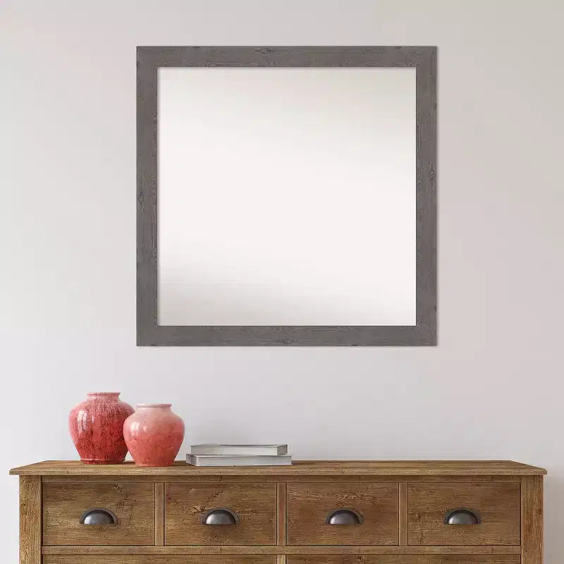30" x 30" Non-Beveled Rustic Plank Gray Narrow Bathroom Wall Mirror - Amanti Art: Square, Polystyrene Frame, Wall Mounted