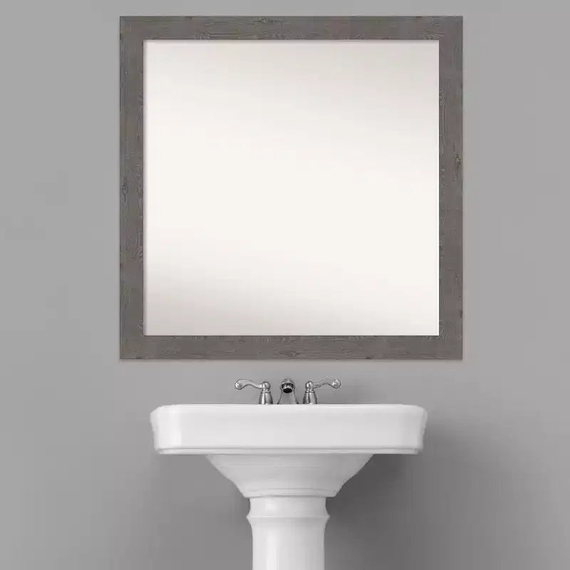 30" x 30" Non-Beveled Rustic Plank Gray Narrow Bathroom Wall Mirror - Amanti Art: Square, Polystyrene Frame, Wall Mounted