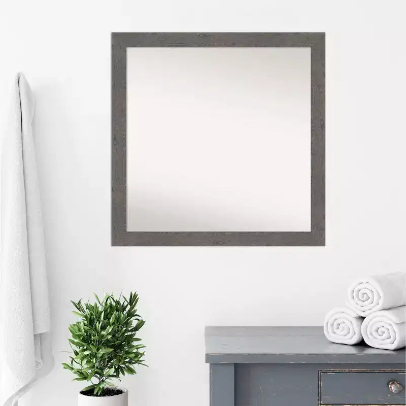 30" x 30" Non-Beveled Rustic Plank Gray Narrow Bathroom Wall Mirror - Amanti Art: Square, Polystyrene Frame, Wall Mounted