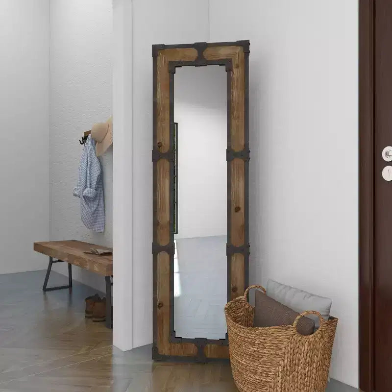 Rustic Wood Floor Mirror Brown - Olivia & May: Freestanding, Decorative, Ornate Wooden, No Assembly Required