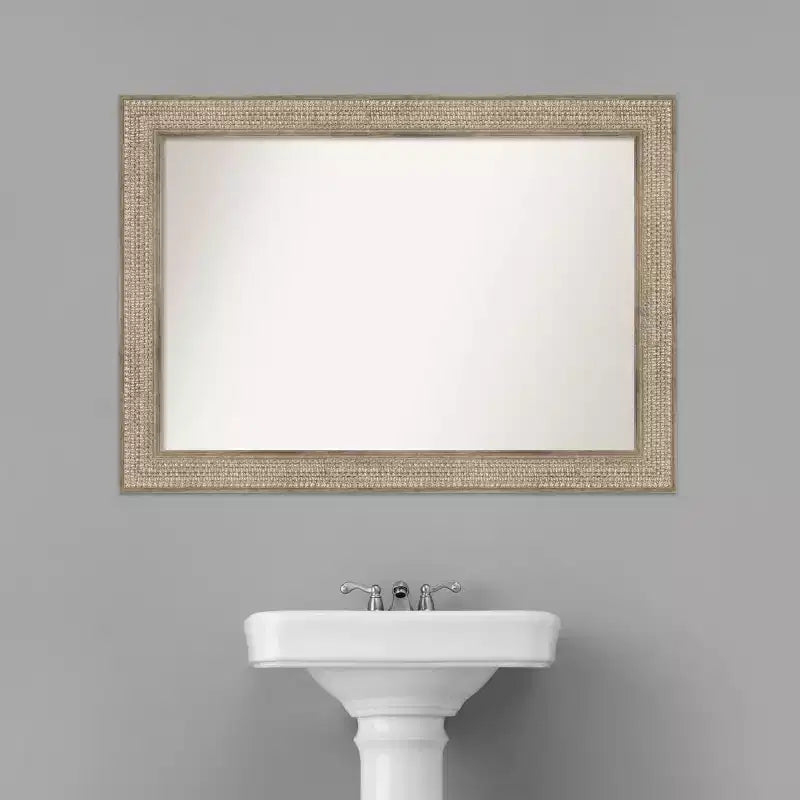 42" x 30" Non-Beveled Trellis Silver Wood Bathroom Wall Mirror - Amanti Art: Modern Rectangular Design, Includes Mount Hardware