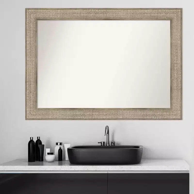 42" x 30" Non-Beveled Trellis Silver Wood Bathroom Wall Mirror - Amanti Art: Modern Rectangular Design, Includes Mount Hardware