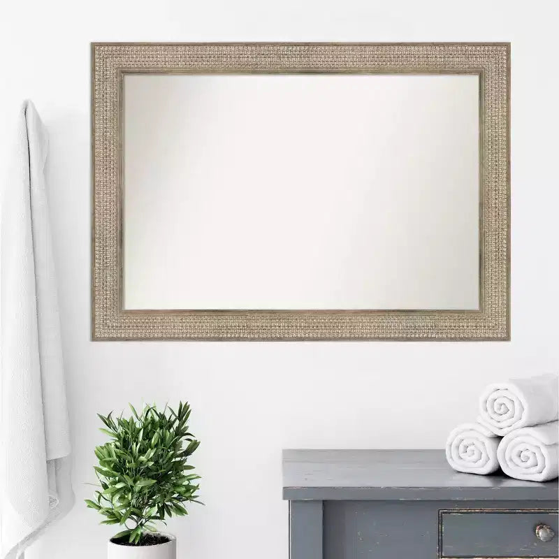 42" x 30" Non-Beveled Trellis Silver Wood Bathroom Wall Mirror - Amanti Art: Modern Rectangular Design, Includes Mount Hardware