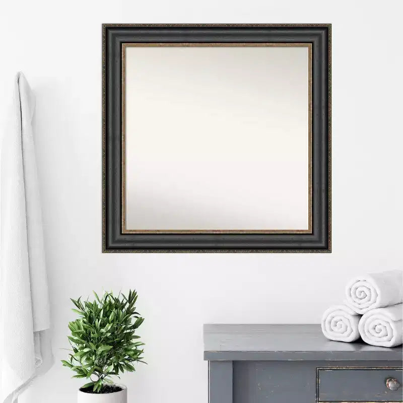 32" x 32" Non-Beveled Thomas Black Bronze Bathroom Wall Mirror - Amanti Art: Modern Square Polystyrene Frame, Includes Mount Hardware