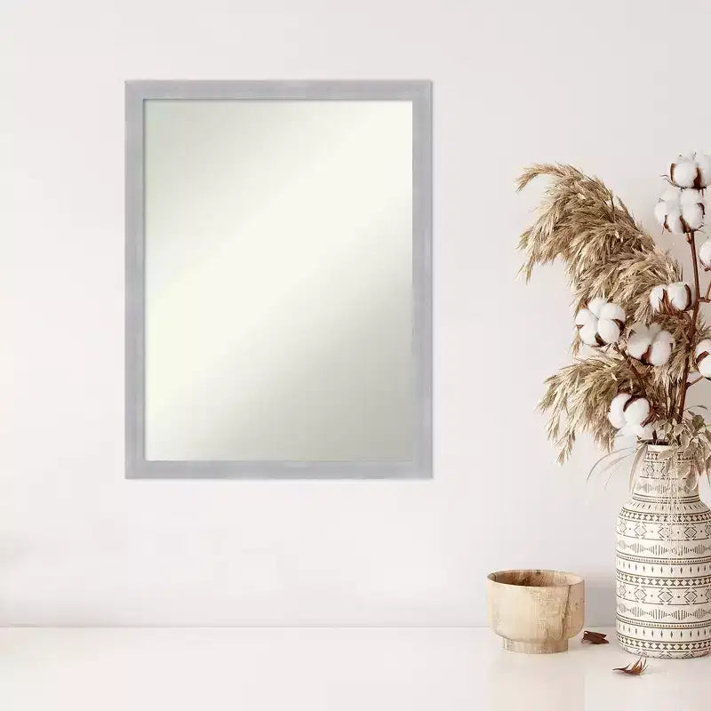 20" x 26" Non-Beveled Grace Brushed Nickel Narrow Wall Mirror - Amanti Art: Modern Rectangular Polystyrene Frame, Includes Mounting Hardware