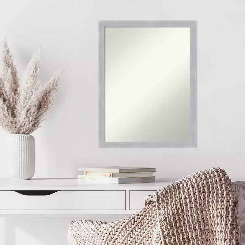 20" x 26" Non-Beveled Grace Brushed Nickel Narrow Wall Mirror - Amanti Art: Modern Rectangular Polystyrene Frame, Includes Mounting Hardware