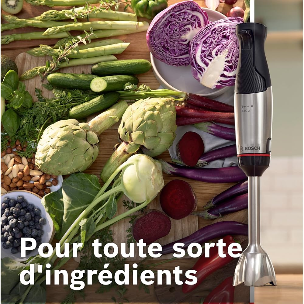 Bosch, mixeur plongeant, ErgoMaster Series 6, moteur 1200 watts refroidi par air, contrôle dynamique de la vitesse, couteau QuattroBlade Pro, accessoires inclus, MSM6M810 : Cuisine et Maison
