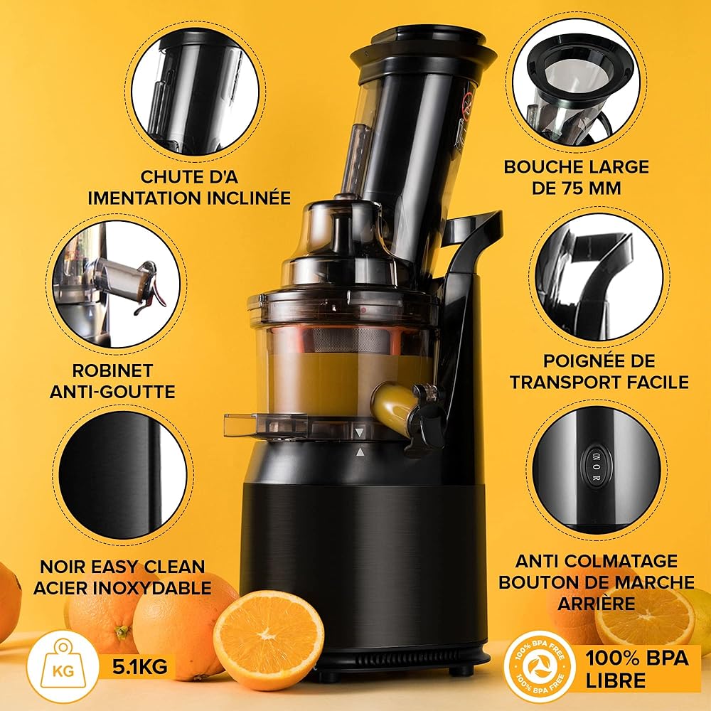 Jus de Fruits et Légumes à Mastication Lente, Slow Juicer, Jus Frais et Santé, Sorbet, Crème Glacée, Bouche 75 mm, sans BPA, 240 Watts, Pression à Froid, Acier Inoxydable Noir Fridja f1900 : Cuisine et Maison