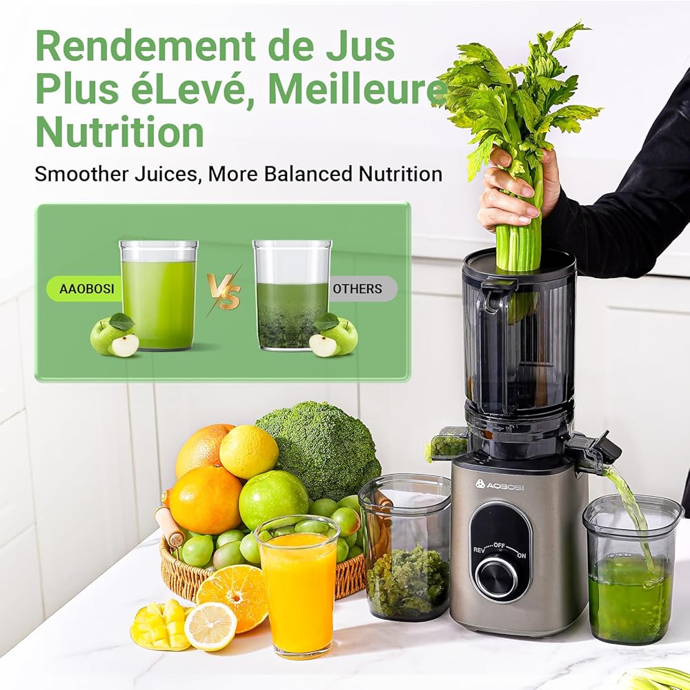 AAOBOSI Extracteur de Jus, Extracteur de Jus de Fruits et Légumes Ouverture de 110 mm, Fonction de Mastication Inversée,Sans BPA, avec 2 Tasses et Brosse, adapté à tous les Fruits et Légumes : Cuisine et Maison