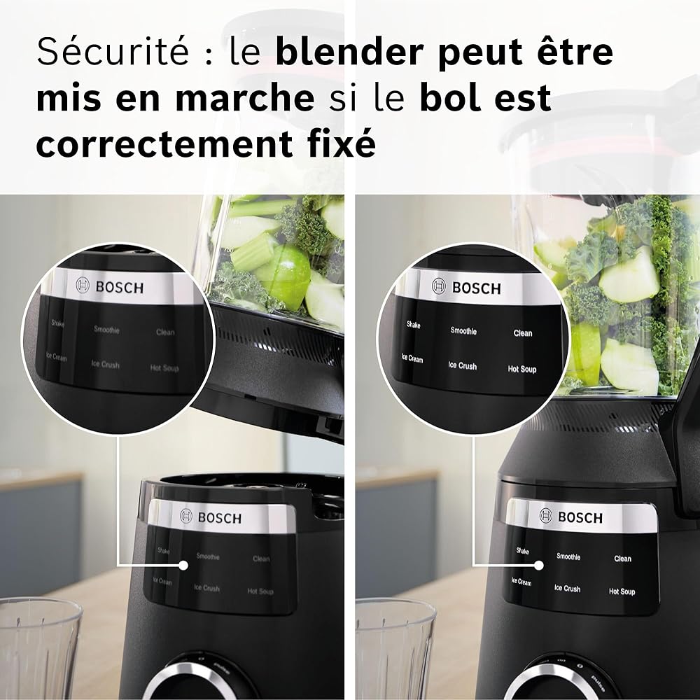 Bosch, VitaPower Série 6, blender haute performance, moteur 1800 watts, vitesse du moteur jusqu'à 45 000 tr/min, 6 programmes automatiques, bol résistant en tritan, noir, MMB6652B : Cuisine et Maison
