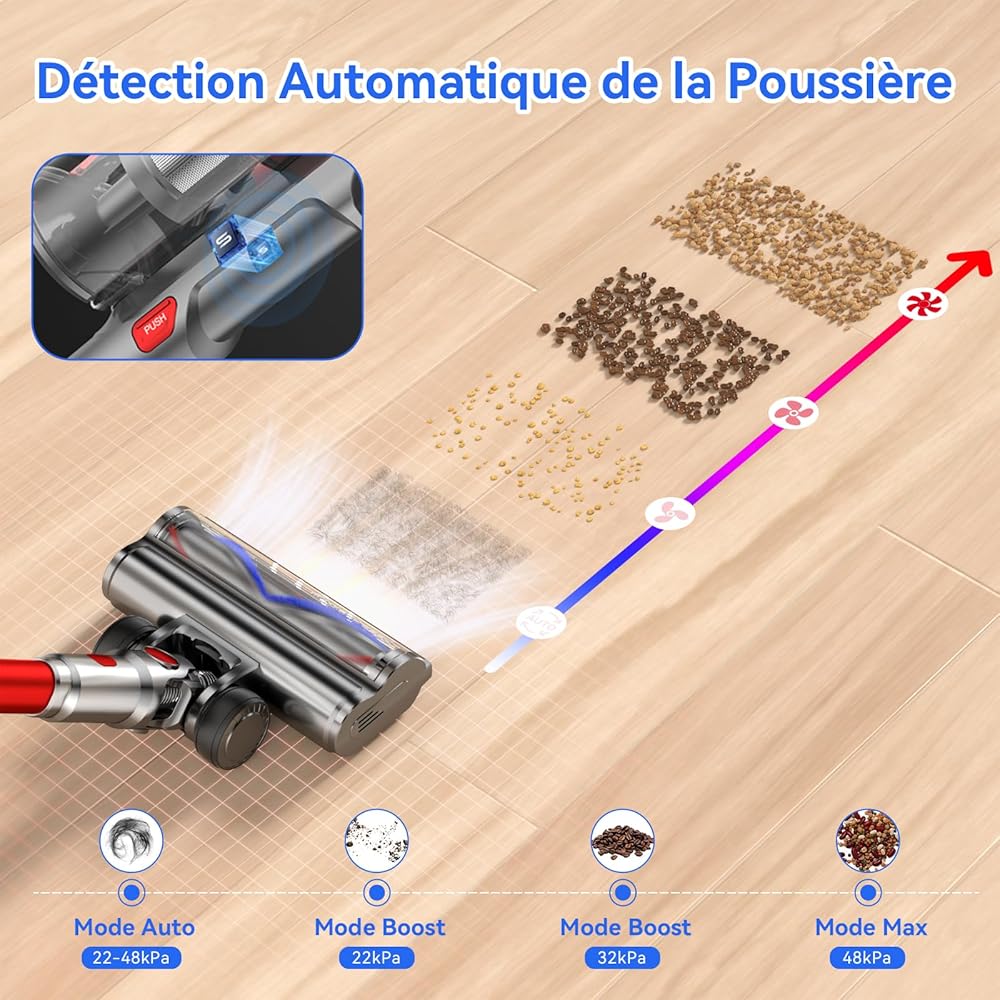 VSTOKY V15 Pro Max Aspirateur Balai sans Fil, 600W/48Kpa/70Mins Aspirateur sans Fil Puissant avec Écran LED, Design à Double Bac Aspi pour Sols Durs Poils d'animaux Tapis : Cuisine et Maison