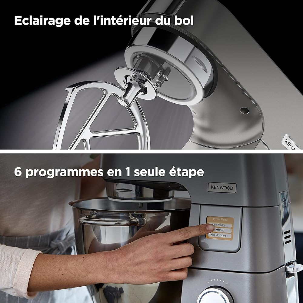 Kenwood Titanium Chef Patissier XL KWL90.034SI, Robot Patissier Balance Intégrée, Batteur K, Pétrin, Fouet, Batteur Souple, Deux Bols, Couvercle Anti-Projections, 1400W, Acier, Argent : Cuisine et Maison