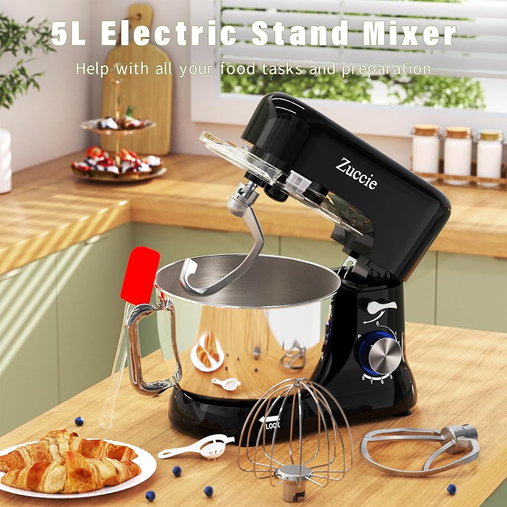 Robot Patissier, Zuccie 5 L Robot Pâtissier, 1000W Robot Cuisine avec Fouet, Batteur, Crochet, Bol d'Acier Inoxydable et Pare-éclaboussures, 8+P Vitesses Robot Pétrin Professionnel (Noir) : Cuisine et Maison