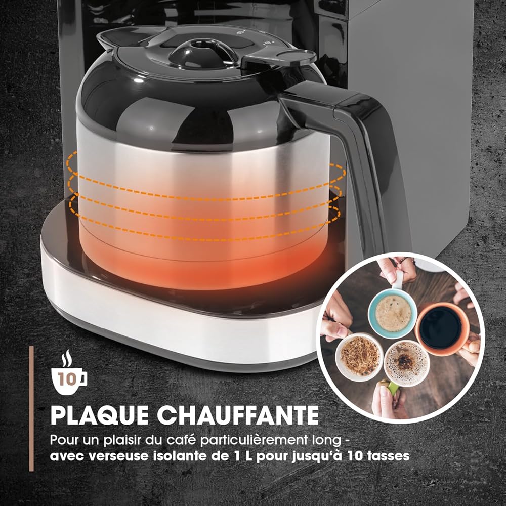 Barista Cafetière Filtre avec verseuse Isotherme 1L pur 12 tasses de café, Machine a cafe grain avec broyeur et écran digital, Fonction de minuterie : Cuisine et Maison