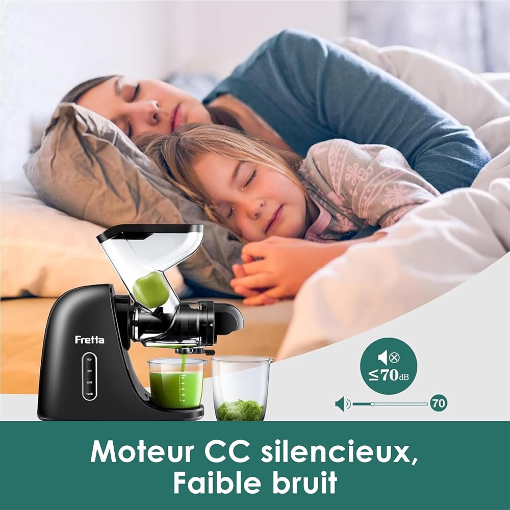 Fretta Extracteur de Jus à Pression à Froid, Goulotte d'alimentation Large de 76 MM, Presse-agrumes à Froid sans BPA, Extracteur de Jus de Fruits et Légumes, Recettes de Jus Incluses (Noir) : Cuisine et Maison