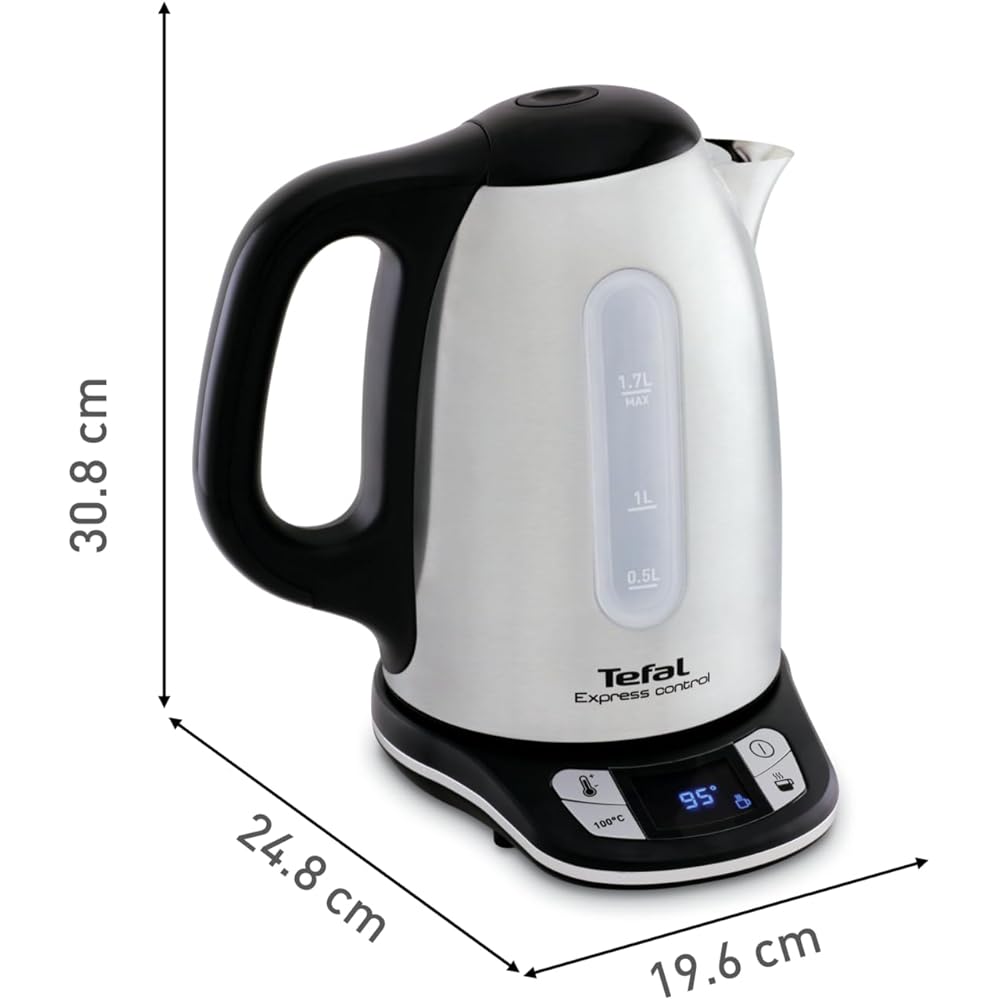 Tefal Bouilloire électrique sans fil inox, 1,7 L, 2400 W, 7 températures réglables de 60 à 100°, Ecran digital, Maintien au chaud 60 min, Express Control KI240D10 : Cuisine et Maison