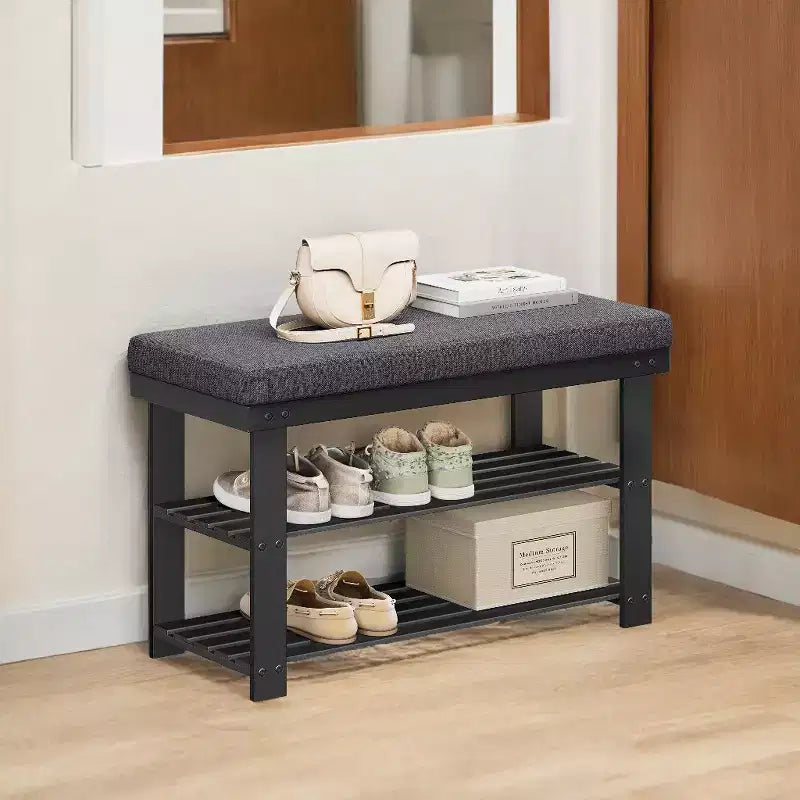 Bamboo Shoe Bench, 3-Tier Shoe Rack, Stable Shoe Organizer for Entryway, Living Room, Bench Seat Holds Up to 330 lb, 11.4 x 28 x 19.3 Inches