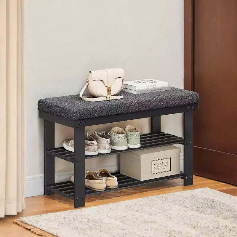 Bamboo Shoe Bench, 3-Tier Shoe Rack, Stable Shoe Organizer for Entryway, Living Room, Bench Seat Holds Up to 330 lb, 11.4 x 28 x 19.3 Inches