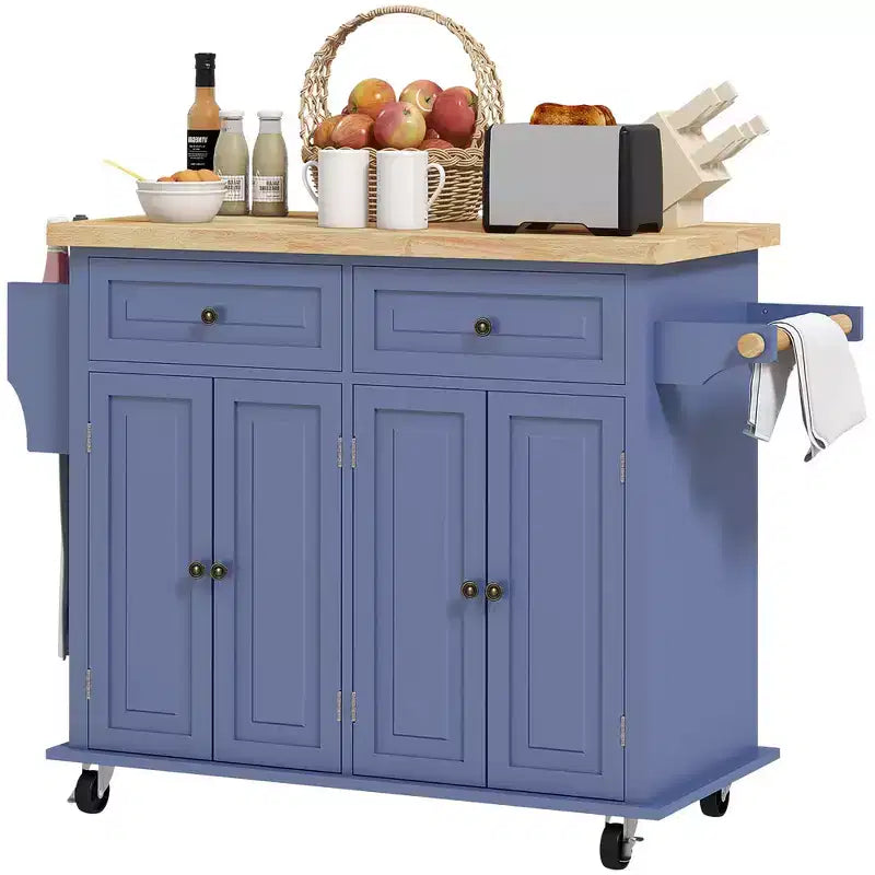 HOMCOM Kitchen Island on Wheels, Rolling Cart with Rubber Wood Top, Spice Rack, Towel Rack & Drawers for Dining Room