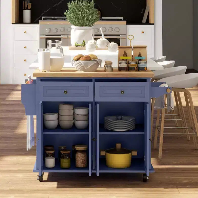 HOMCOM Kitchen Island on Wheels, Rolling Cart with Rubber Wood Top, Spice Rack, Towel Rack & Drawers for Dining Room