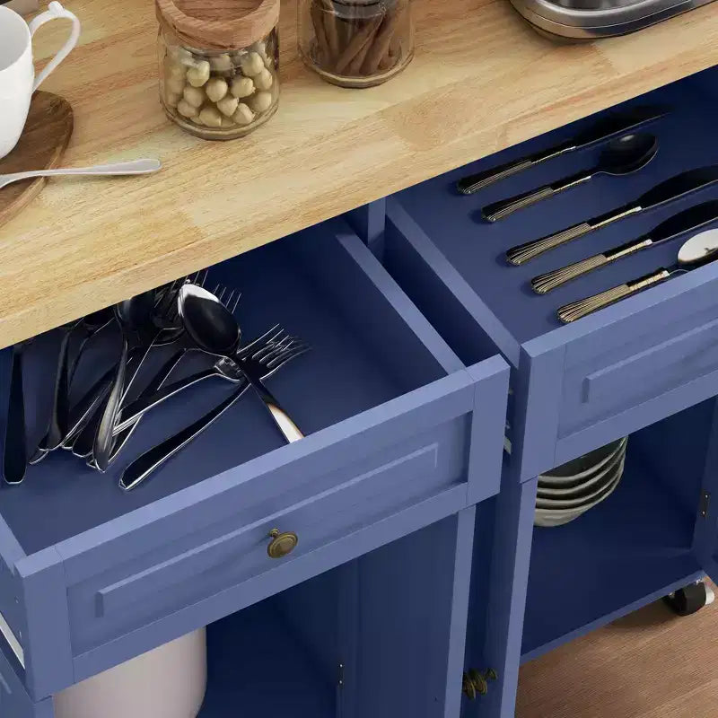 HOMCOM Kitchen Island on Wheels, Rolling Cart with Rubber Wood Top, Spice Rack, Towel Rack & Drawers for Dining Room