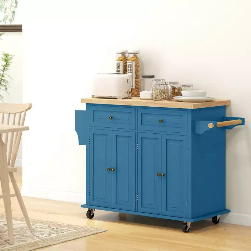 HOMCOM Kitchen Island on Wheels, Rolling Cart with Rubber Wood Top, Spice Rack, Towel Rack & Drawers for Dining Room