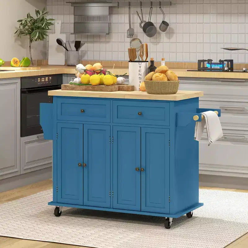 HOMCOM Kitchen Island on Wheels, Rolling Cart with Rubber Wood Top, Spice Rack, Towel Rack & Drawers for Dining Room