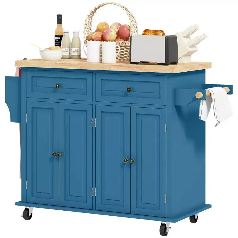 HOMCOM Kitchen Island on Wheels, Rolling Cart with Rubber Wood Top, Spice Rack, Towel Rack & Drawers for Dining Room