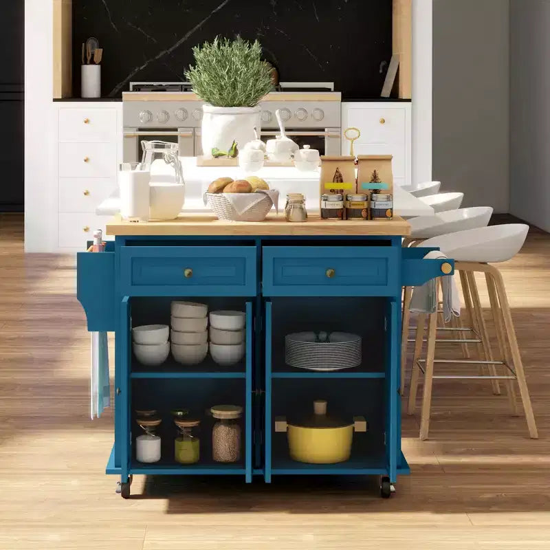 HOMCOM Kitchen Island on Wheels, Rolling Cart with Rubber Wood Top, Spice Rack, Towel Rack & Drawers for Dining Room