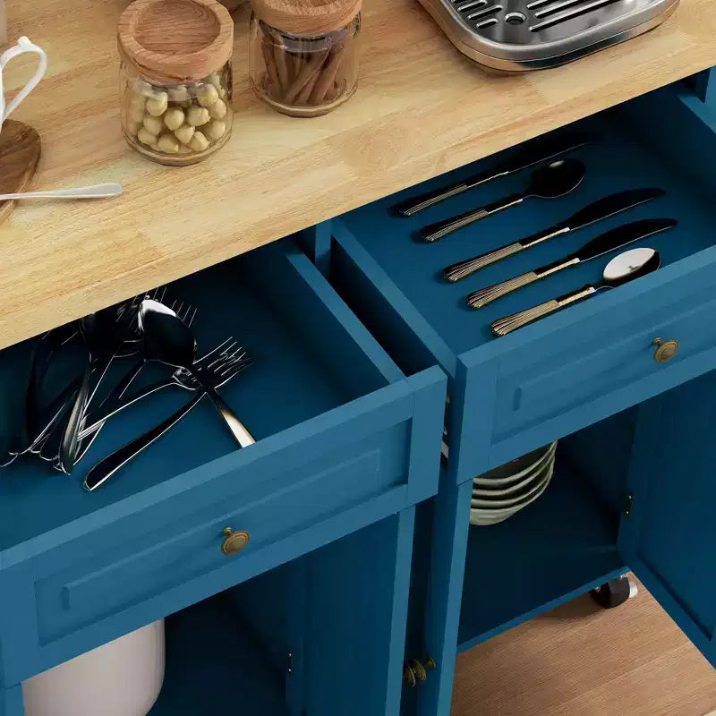 HOMCOM Kitchen Island on Wheels, Rolling Cart with Rubber Wood Top, Spice Rack, Towel Rack & Drawers for Dining Room