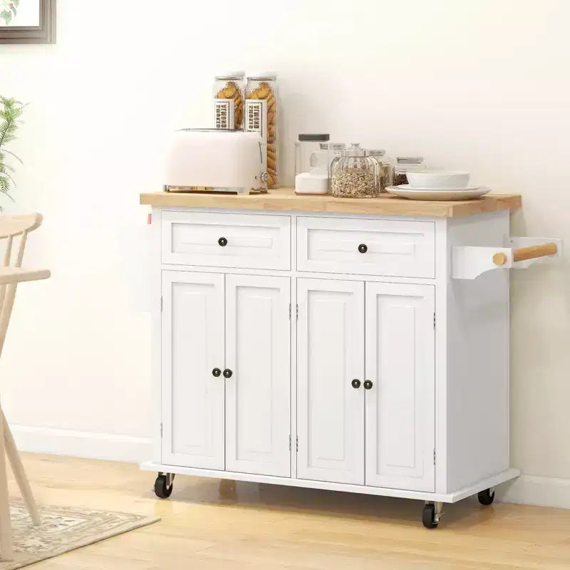 HOMCOM Kitchen Island on Wheels, Rolling Cart with Rubber Wood Top, Spice Rack, Towel Rack & Drawers for Dining Room
