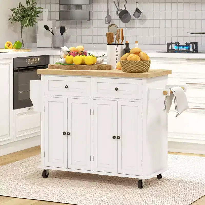 HOMCOM Kitchen Island on Wheels, Rolling Cart with Rubber Wood Top, Spice Rack, Towel Rack & Drawers for Dining Room