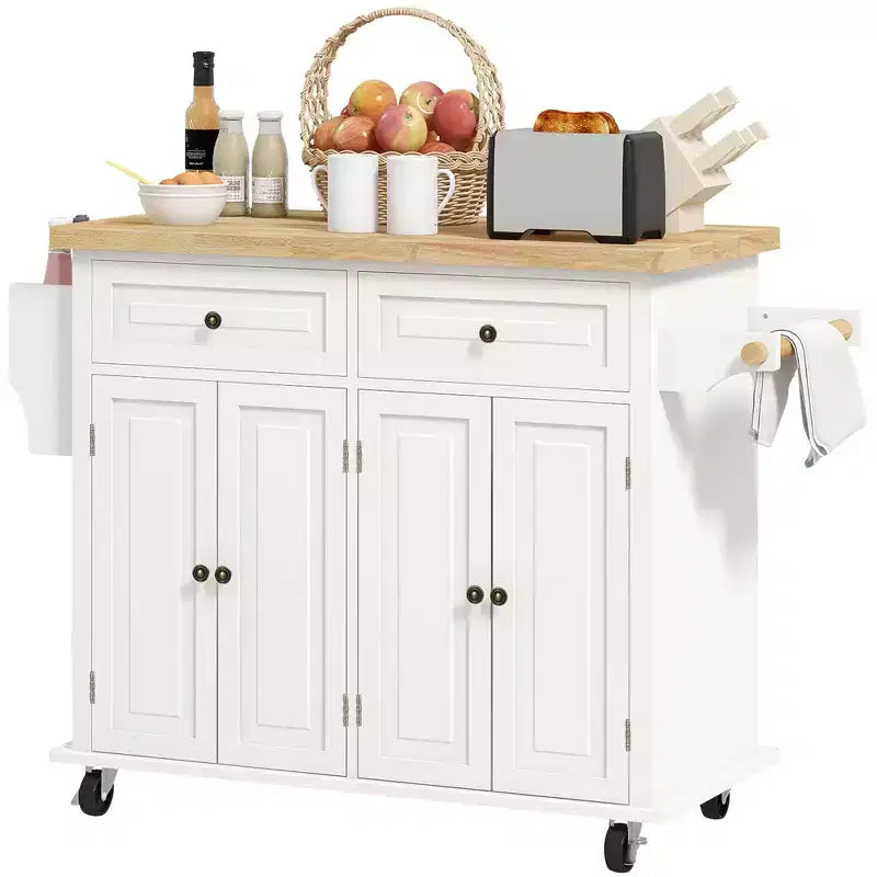 HOMCOM Kitchen Island on Wheels, Rolling Cart with Rubber Wood Top, Spice Rack, Towel Rack & Drawers for Dining Room