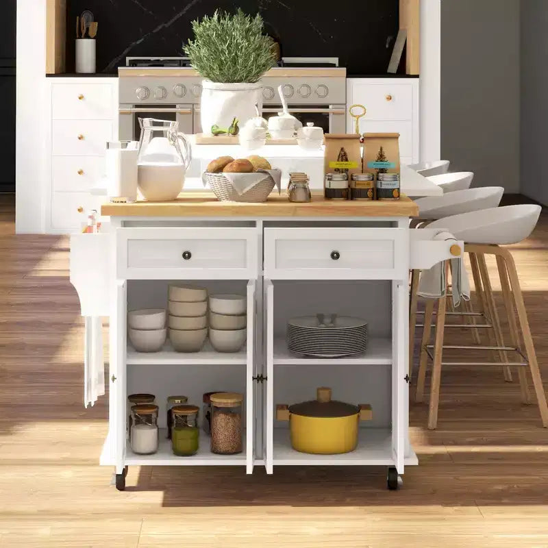 HOMCOM Kitchen Island on Wheels, Rolling Cart with Rubber Wood Top, Spice Rack, Towel Rack & Drawers for Dining Room