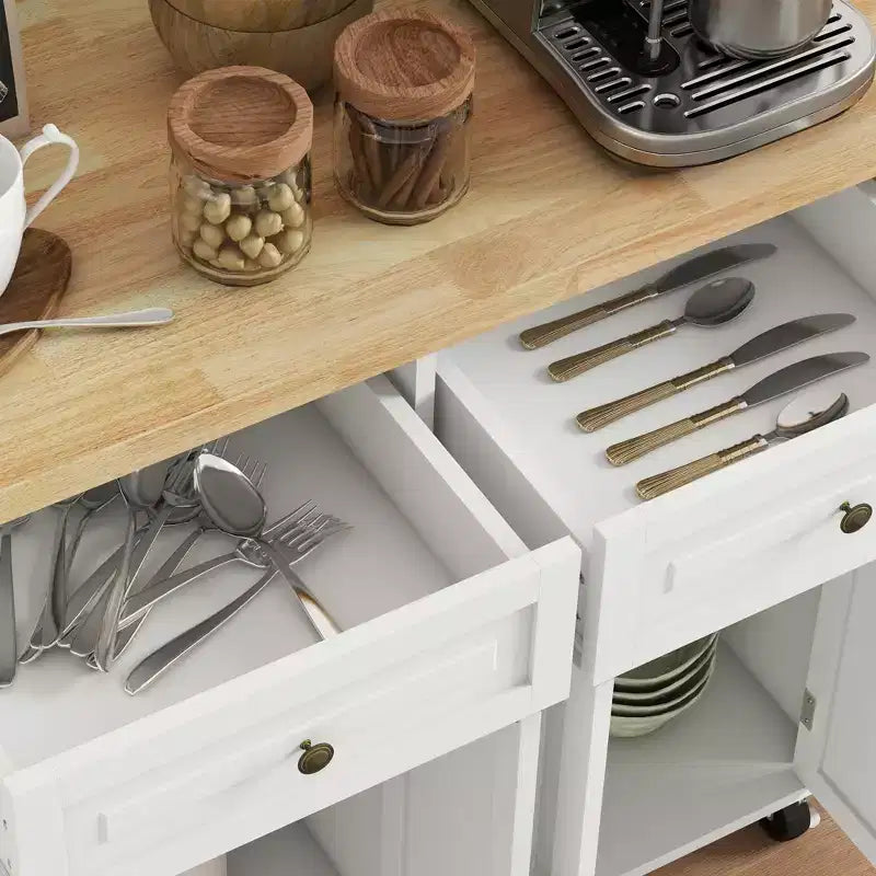 HOMCOM Kitchen Island on Wheels, Rolling Cart with Rubber Wood Top, Spice Rack, Towel Rack & Drawers for Dining Room