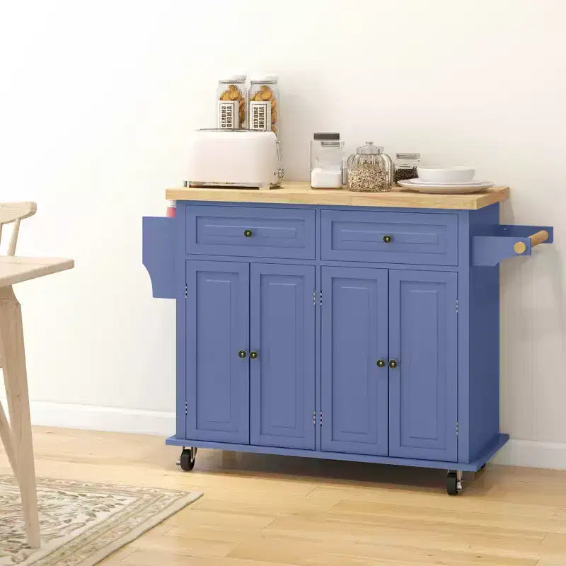 HOMCOM Kitchen Island on Wheels, Rolling Cart with Rubber Wood Top, Spice Rack, Towel Rack & Drawers for Dining Room