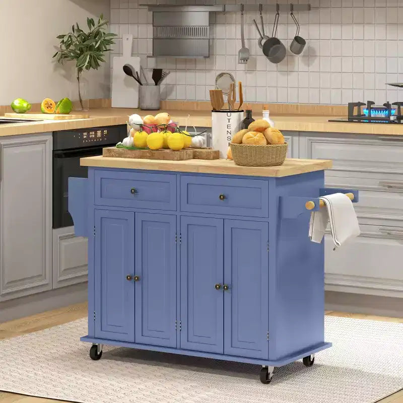 HOMCOM Kitchen Island on Wheels, Rolling Cart with Rubber Wood Top, Spice Rack, Towel Rack & Drawers for Dining Room
