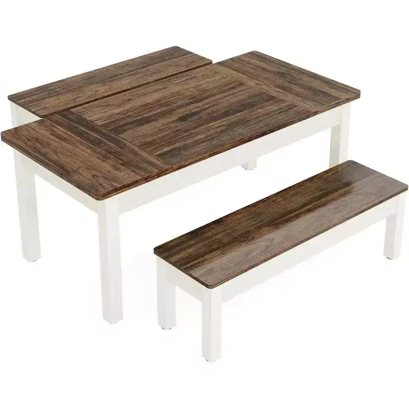 Lantine 55.11-Inch Large Dining Table Set, 3 Pieces Wood Kitchen Table with 2 Benches