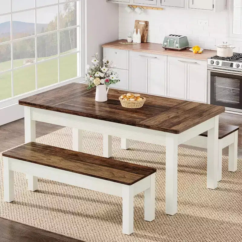 Lantine 55.11-Inch Large Dining Table Set, 3 Pieces Wood Kitchen Table with 2 Benches